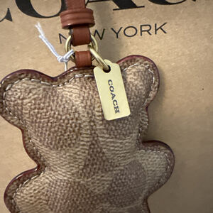 Coach Bear Puffy Bag Charm Signature Coach Canvas Leather Strap Key Holder CCX44